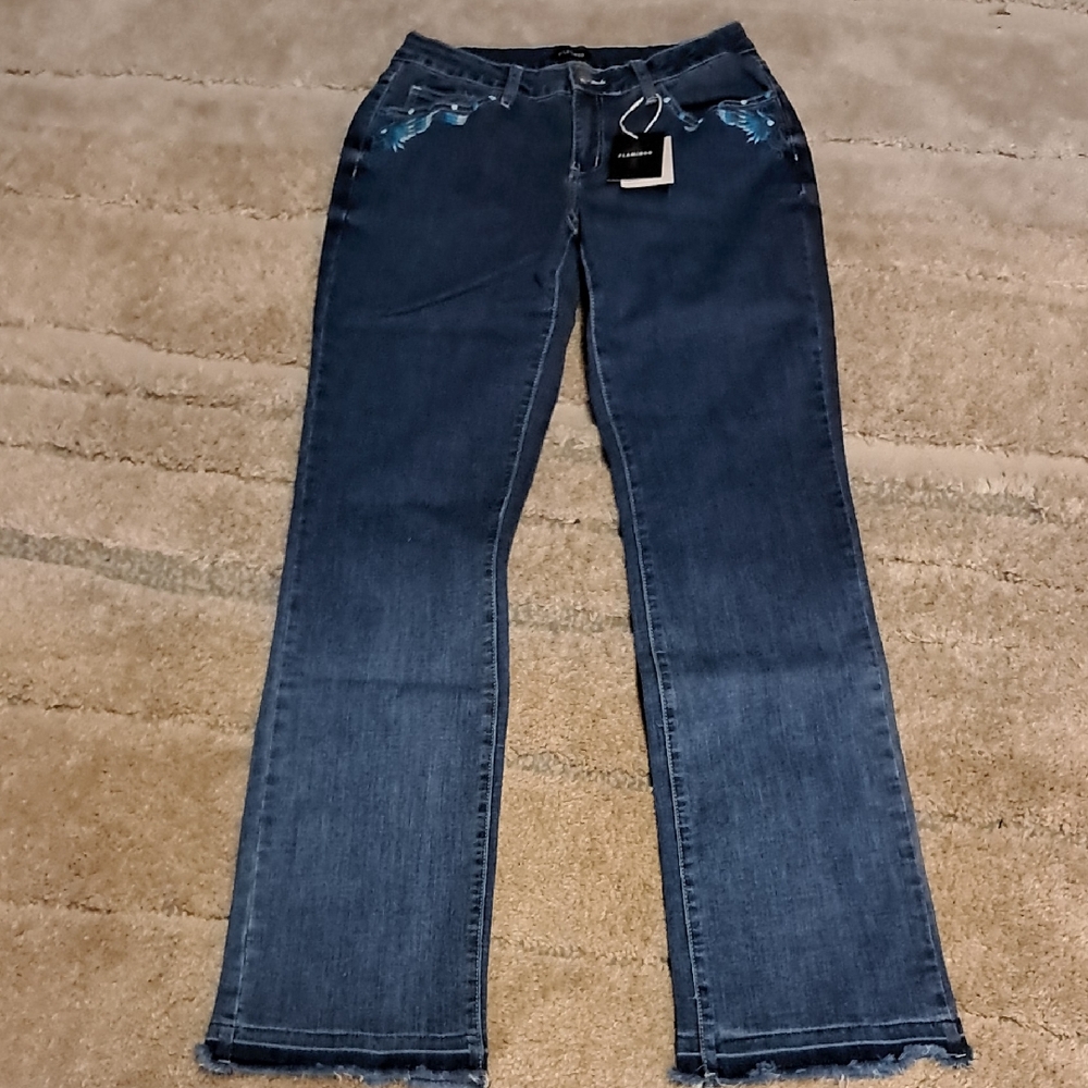 Women's Flamingo Blue Jeans With Turquoise Design